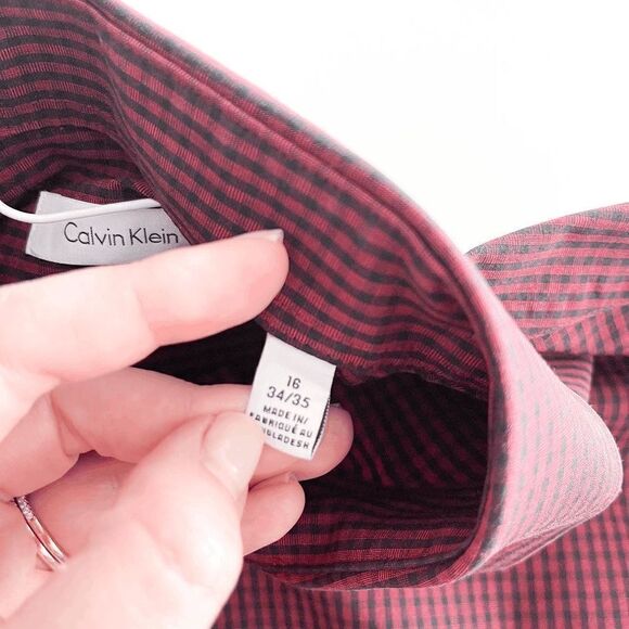Calvin Klein Mens Button Down Shirt Micro Checkered Regular Fit Red Black 16 - Picture 6 of 9